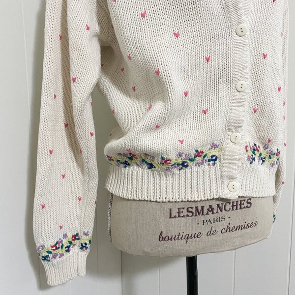 Vintage 80s/90s Cape Isle Knitters Floral Hand Embroidered Cardigan Size XS - Picture 4 of 10